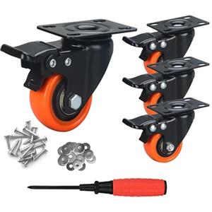 YIUBCZOQI Ruote Mobili Pesanti 38mm Set 4 con Freno, Girevoli Carico 150kg | Poliuretano (PU), Silenziose e Resistenti, Arancione, Double ball bearings, per Carrelli Trolley e cassette degli attrezzi