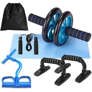 MAGIC SELECT Kit allenamento con rullo addominali, corda elastica di resistenza con pedali e tappetino per ginocchia, set fitness 5 in 1 esercizi in casa e palestra. K4706