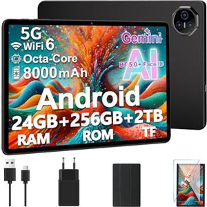 Dghrti 2026 Tablet 11 Pollici da Touch Android, 24GB RAM + 256GB ROM (2TB TF), 8000mAh, Octa-Core, Gemini AI, UFS 2.2 Flash, FHD IPS, Suono 3D, 13MP + 5MP, Dual WiFi, BT 5.0, Widevine L1, Face ID, Grigio