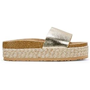 BOSANOVA Sandali stile pala con ampia striscia al collo del piede, suola bio in sughero e piattaforma in sparto bicolore da 5,5 cm. Senza chiusura. Scarpe da donna, oro, 37 EU