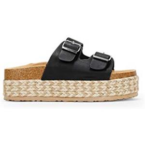 BOSANOVA Sandali bio-stile pala con una striscia larga al collo del piede con due fibbie regolabili e suola in sparto bicolore. Senza chiusura. Scarpe da donna, Nero , 37 EU