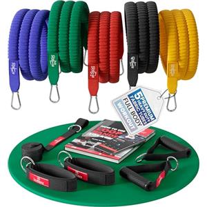 BeMaxx Set di fasce di resistenza + piano allenamenti - Kit elastici: 5 bande elastiche da tessuto, maniglie, cinghie per caviglie + ancoraggio, gancio da porta | Tubi fitness palestra sport stretching