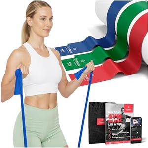 BeMaxx Fasce Elastiche Fitness Set di 3 / Lunghi 2 Metri Bande Resistenza + eBook di Esercizio e Borsa | Sport Boxe Pilates, Glutei Trazioni Palestra Casa Sportiva Kit, Leggero Medio Forti