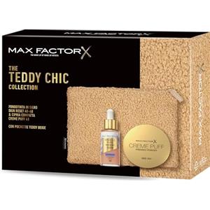 Max Factor, Cofanetto Regalo Donna Teddy Chic, Pochette in morbido tessuto teddy con Miracle Pure 2in1 Skin Reset Serum Foundation, 40-60, Light + Cipria Creme Puff New 41 Medium Beige