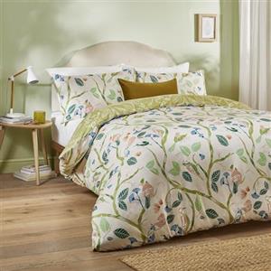furn. Copripiumino Duvet Day Woodlow - Copripiumino reversibile con stampa a foglie e uccelli tropicali disegnati a mano e motivo floreale (Multicolore/Salvia - King)