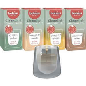 Bolsius - Set di Avvio CleanLight - Candela Profumata Ricaricabile - Supporto e 9 Ricariche - Diverse Fragranze - Grigio - Durata di Combustione di 20 Ore - Estratti Naturali e Cera Vegetale