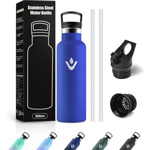 JAPORIA Borraccia Acciaio Inox 500ml, Bottiglia Acqua con Cannuccia, Riutilizzabile, senza BPA, a prova di perdite, Termos per Scuola, Campeggio