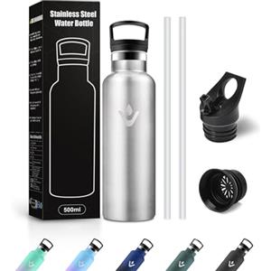 JAPORIA Borraccia Acciaio Inox 500ml, Bottiglia Acqua con Cannuccia, Riutilizzabile, senza BPA, a prova di perdite, Termos per Scuola, Campeggio