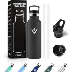 JAPORIA Borraccia Acciaio Inox 500ml, Bottiglia Acqua con Cannuccia, Riutilizzabile, senza BPA, a prova di perdite, Termos per Scuola, Campeggio