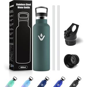 JAPORIA Borraccia Acciaio Inox 500ml, Bottiglia Acqua con Cannuccia, Riutilizzabile, senza BPA, a prova di perdite, Termos per Scuola, Campeggio