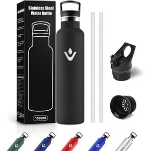 JAPORIA Borraccia Acciaio Inox 1L, Termos con Cannuccia, a prova di perdite, Riutilizzabile, senza BPA, Bottiglia per Uffici, Viaggio, Ciclismo