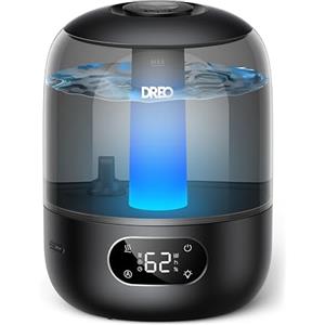 Dreo 3L Umidificatore Ambiente Bambini Silenzioso 26dB con Sensore di Umidità, Ultrasuoni Nebbia Fresca, Ugello 360°, 30h Autonomia, Diffusore Oli Essenziali, Luce Ambientale, per Casa e Piante, Nero