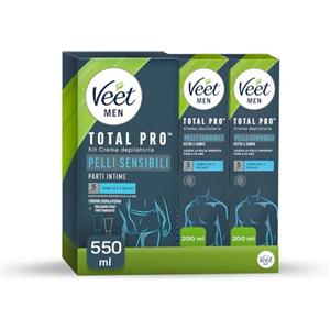 Veet Men Crema Depilatoria Petto e Corpo, Pelli Sensibili, Dermatologicamente Testata, 2x200ml + Kit Depilazione Intima, Pelli Sensibili, Crema Depilatoria da 100ml e Balsamo Post Depilazione da 50ml
