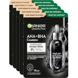 Garnier Maschera in Tessuto Purificante e Idratante Skin Active Pure Charcoal, Per Pelli da Normali a Miste, Effetto Detox Opacizzante, Con Carbone, Acido Ialuronico, LHA e Tè Nero, Confezione da 5