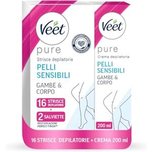 Veet Pure Strisce Depilatorie Corpo e Gambe Ipoallergentiche, Pelli Sensibili 16 Strisce + Veet Pure Crema Depilatoria Gambe & Corpo per Pelli Sensibili, Dermatologicamente Testata, 200 ml