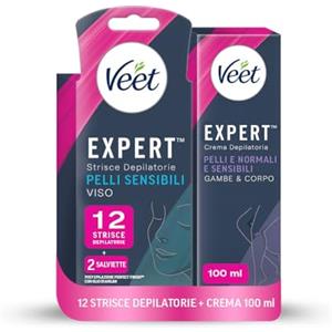 Veet Expert Strisce Depilatorie Viso, Pelli Sensibili, 12 Strisce + Veet Expert Crema Depilatoria Gambe e Corpo Pelli Normali e Sensibili 100 ml