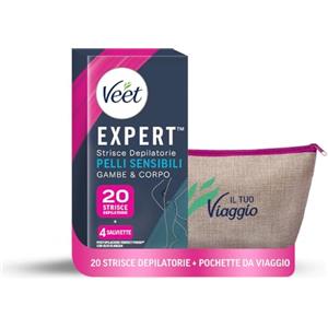 Veet Strisce Depilatorie Corpo e Gambe Expert 20 Pelli Sensibili + Pochette da viaggio