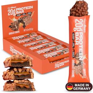 GymBeam Barretta Proteica 20 g - Snack ad Alto Contenuto Proteico Senza Zuccheri Aggiunti, Rivestimento Croccante al Cioccolato, Supporto alla Crescita Muscolare (12 x 55 g, Cioccolato - Caramello)