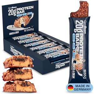 GymBeam Barretta Proteica 20 g - Snack ad Alto Contenuto Proteico Senza Zuccheri Aggiunti, Rivestimento Croccante al Cioccolato, Supporto alla Crescita Muscolare (12 x 55 g, Biscotti e Panna)