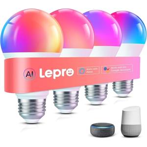 Lepro B1 AI Lampadina Smart E27, 806LM RGB&Luce Bianca Regolabile, Progettista Illuminazione AI Personalizzato, Funziona con Alexa/Google Assistant, Connessione Wi-Fi e Bluetooth, SYNC Musicale, 4pcs