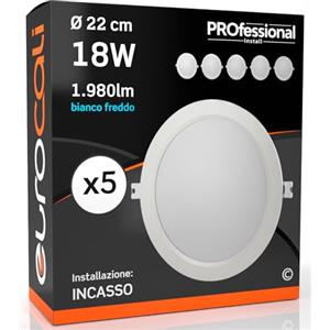 Eurocali Faretti LED da incasso 18W rotondi cornice bianca Luce Bianco Freddo Downlight Ø 220.8x28mm con Incasso Ø 163 mm - Pacco da 5