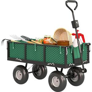 Outsunny Carrello da Giardino da 114L con 4 Ruote Grandi Capacità 200 kg, Carrello Spiaggia in Acciaio con Sacca Portaoggetti, Pareti Laterali Rimovibile e Maniglia Girevole, 105x51x54 cm, Verde