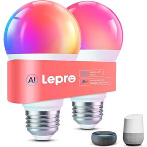 Lepro B1 AI Lampadina Smart E27, 806LM RGB&Luce Bianca Regolabile, Progettista Illuminazione AI Personalizzato, Funziona con Alexa/Google Assistant, Connessione Wi-Fi e Bluetooth, SYNC Musicale, 2pcs