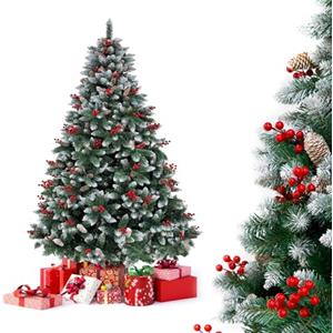 YOUDENOVA Albero di Natale artificiale con neve, abete artificiale 180 cm, albero di Natale con agrifoglio e pigne, albero di neve, albero di Natale artificiale con montaggio rapido, sistema