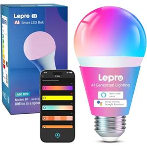Lepro B1 AI Lampadina Smart E27, 806LM RGB&Luce Bianca Regolabile, Progettista Illuminazione AI Personalizzato, Funziona con Alexa/Google Assistant, Connessione Wi-Fi e Bluetooth, SYNC Musicale, 1pcs