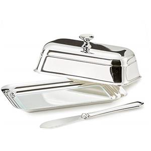 EDZARD contenitore per burro Mary, con piatto in vetro, argento pregiato placcato, lucidato, 8 x 13 cm, coltello incluso
