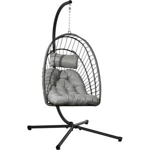 Outsunny Poltrona Sospesa in Rattan PE con Cuscino Imbottito, Sedia Sospesa a Dondolo con Seduta Pieghevole e Struttura in Acciaio, Grigio