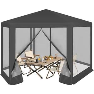 WOLTU Gazebo da Esterni, Pergolato da Giardino, Gazebo Pieghevole e Impermeabile, con Pareti Laterali a Zanzariera, Esagonale, per Campeggio, Feste, 3,8x3,3m, Grigio