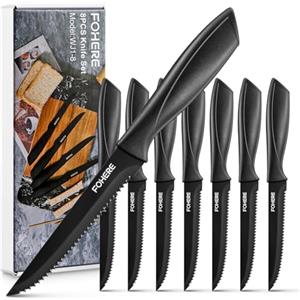 FOHERE Set Di 8 Coltelli Da Bistecca, Neri Coltelli Da Bistecca Seghettati In Acciaio Inossidabile, Perfetti Per La Cena Di Natale E Le Riunioni Di Capodanno