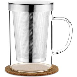 AOOTE Tazza da tè in Vetro, 500ml Tazza da tè con Filtro in Acciaio Inox e Coperchio, Tazza da Tè in Vetro Borosilicato Con Sottobicchiere in Sughero per caffè Succo Bevande Gassate Latte Yogurt
