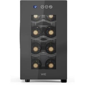 WIE Cantinetta Vino 8 Bottiglie, Raffreddamento Termoelettrico, Cantinetta Vino Refrigerata con Controllo touchscreen, Porta in Vetro a Specchio, Ripiani Regolabili, Luce LED, Muto, 5-18℃