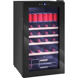 HOMCOM Cantinetta Frigo per Vino da 63L con Ripiani Regolabili per 16 Bottiglie e 25 Lattine, Cantinetta per Vini in Acciaio, Legno e Vetro Temperato, 43x45x74 cm, Nero