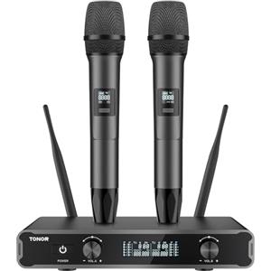 TONOR Microfoni senza fili, Cordless Dual Handheld Dynamic Karaoke Singing Mic System con Ricevitore per Karaoke, Home KTV, Matrimonio, Festa, Chiesa, 2x5 UHF Frequenze Regolabili, 60M TW450 Grigio