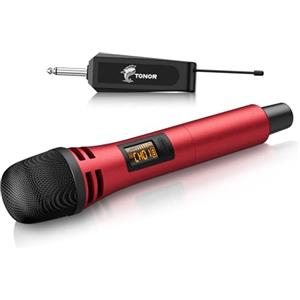TONOR Microfono Senza Fili, UHF Sistema Wireless Microfonico Dinamico Portatile in Cordless con Ricevitore Ricaricabile, Uscita 1/4" per Amplificatore, Sistema PA, Macchina da Karaoke, Rosso