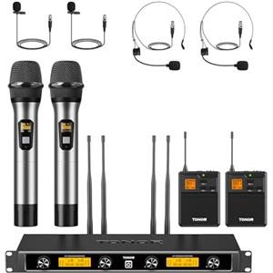 TONOR Sistema microfonico wireless UHF, Microfono palmare/Microfono archetto/Lavalier Microphone, Trasmettitore Bodypack, Ricevitore Metallo 4x5 frequenze, 90M per Chiesa Karaoke Canto, 4 canali