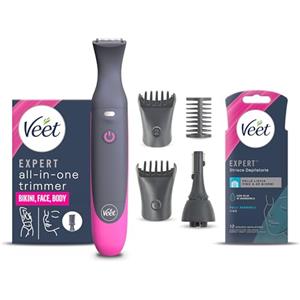 Veet Expert All-In-One Trimmer, Rasoio elettrico donna, Viso e parti intime, 100% waterproof, 2 testine e 3 pettini, Rasatura ad alta precisione, Cordless + Strisce Depilatorie viso Pelli Sensibili