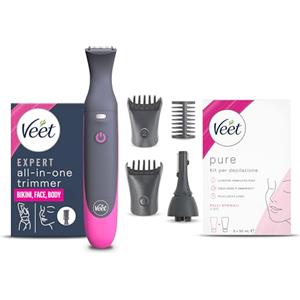 Veet Expert All-In-One Trimmer, Rasoio elettrico donna, Viso e parti intime, 100% waterproof, 2 testine e 3 pettini, Rasatura ad alta precisione, Cordless+ Crema Depilatoria Viso