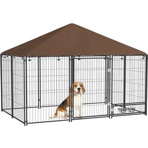 PawHut Recinto per Cani da Esterno, Box Grande per Cani in Acciaio 211x141x151 cm con Tetto Anti-UV, Impermeabile, Ciotola Girevole, Kennel Recinzione Spazioso per Cuccioli, Giardino, Nero e Marrone