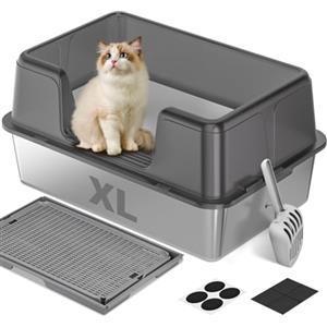 Rsaoty Lettiera per gatti in acciaio inox, 60 x 40 x 30 cm, in acciaio inox, con tappetino per lettiera e paletta, non si attacca ai residui, non attira odori