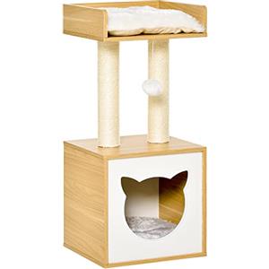 PawHut Casetta per Gatti con Pali Tiragraffi in Sisal, Cuccia e Lettino con Cuscini Lavabili e Pallina, 35x35x81cm, Rovere