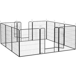 PawHut Recinto per Cani di Grande Taglia a 12 Pannelli Modulabili da 80x1.5x100 cm, Box per Cani e Cuccioli Pieghevole con Porta in Acciaio con 12 Picchetti, Grigio