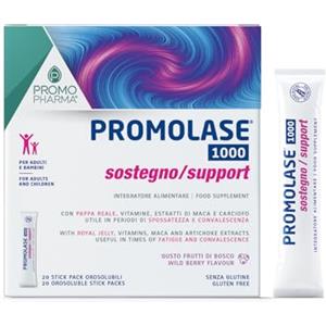 PromoPharma Promolase 1000 Sostegno - Integratore per Stanchezza Fisica e Mentale - Supporto Immunitario per Adulti e Bambini - Con Pappa Reale, Maca e Vitamine Gruppo B - Frutti di Bosco - 20 Stick Orosolubili