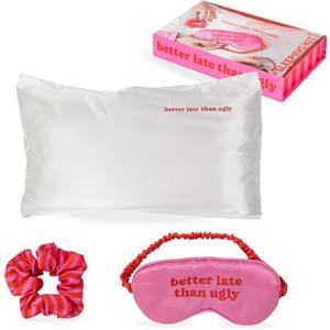 Fisura - Kit da sonno "Better late". Include: federa 50x70 cm in raso, scrunchie delicato e maschera occhi rilassante. Pensiero creativo e utile per una donna speciale.