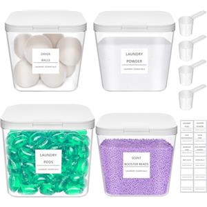 Lifewit Contenitore Detersivo Polvere, Dispenser Detersivo Lavatrice in Plastica, Dosatore Detersivo Lavatrice con Coperchio con Etichette e Cucchiai, 2.7L×3+4.2L, 4 Pezzo