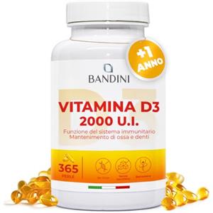 Bandini® Vitamina D3 2000 UI 365 Softgels, Alto Dosaggio 50μg, Vitamine D Colecalciferolo in perle, In Olio Extravergine di Oliva per Assorbimento Ottimale, Ossa, Denti, Muscoli, Sistema immunitario