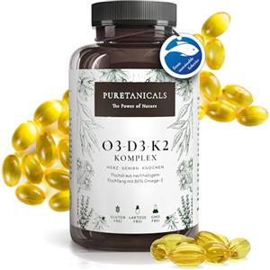 PURETANICALS Omega 3 + Vitamina D3 + K2 Gocce MK7 All-Trans - Premium Essenziali O3-D3-K2 Complesso ad Alto Dosaggio | Olio di Pesce Omega3 con Acidi Grassi EPA DHA | 240 Capsule Softgel